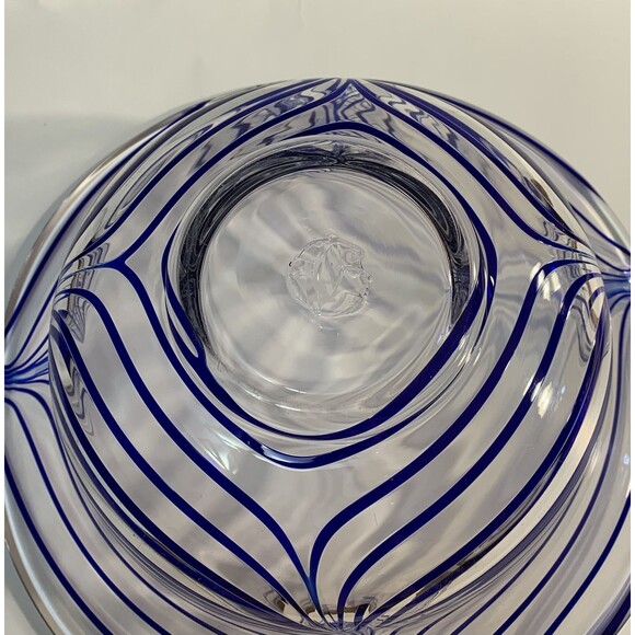 Clear Art Glass Bowl Blue Pulled Ribbon Swirls MCM Handmade Pontil Base Marked M - Picture 7 of 12